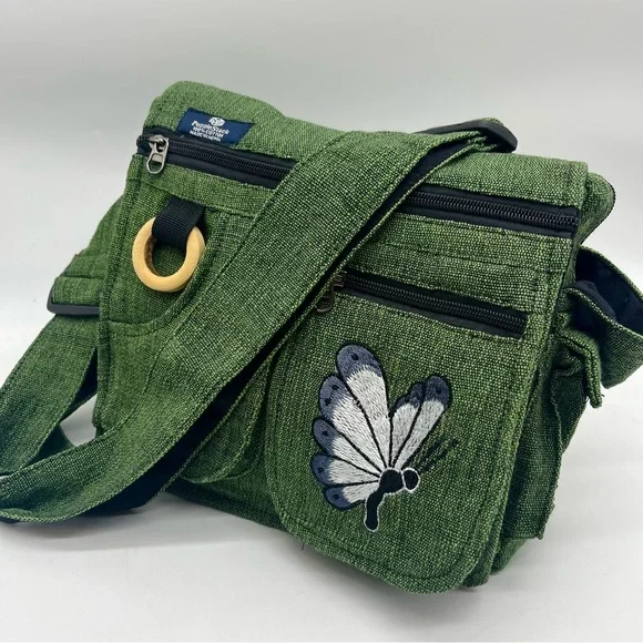 Elegant Green Crossbody Bag with Butterfly Embroidery, Handmade Ethical Bag - Picture 9 of 15